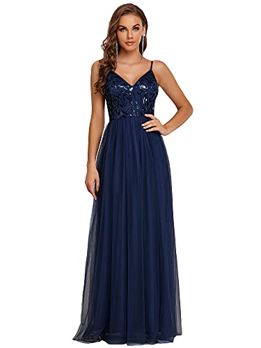 Ever-Pretty Damen Mädchen Ballkleid V-Ausschnitt Tüll Pailletten Lang A-Linie Glitzer Navy Blau 54EU von Ever-Pretty