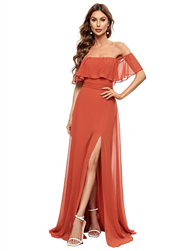 Ever-Pretty Damen Maxikleid Schulterfrei Ballkleid Brautjungfernkleid mit oberschenkelhohem Schlitz Gebranntes Orange 36 von Ever-Pretty