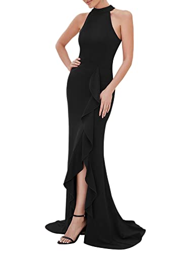 Ever-Pretty Damen Neckholder Split Bodycon Mermaid Empire Taille Stretchy Hochzeitsgast Maxi Abendkleid Schwarz XL von Ever-Pretty