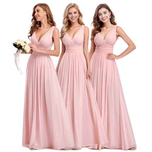 Ever-Pretty Damen Partykleid A-Linie V-Ausschnitt Ärmellos Chiffon Hohe Taille Pink 38 von Ever-Pretty