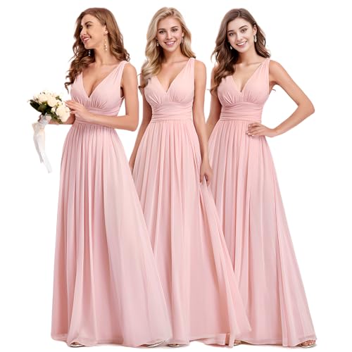 Ever-Pretty Damen Partykleid A-Linie V-Ausschnitt Ärmellos Chiffon Hohe Taille Pink 44 von Ever-Pretty