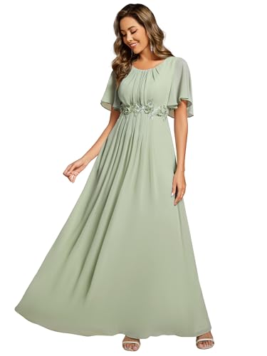 Ever-Pretty Damen Partykleid Lang Rundhals Rüschenärmel Zeremonie Kleid Blumenspitze Elegant Maxikleid EE02960, Mint Grün, 38 von Ever-Pretty