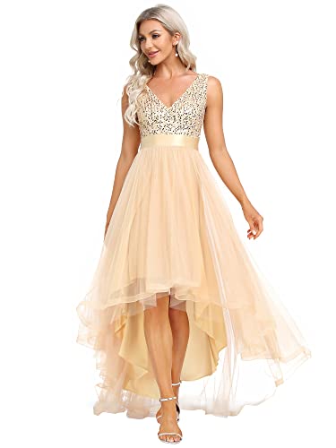 Ever-Pretty Damen Partykleider Pailletten Asymmetrisch Lang V-Ausschnitt Tüll Rückenfrei Elegant Gold 36EU von Ever-Pretty