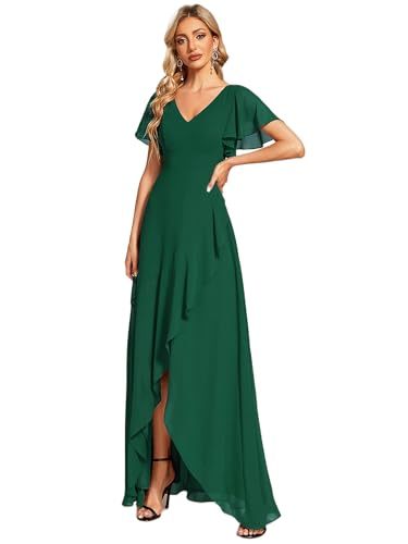 Ever-Pretty Damen Partykleider V-Ausschnitt Asymmetrisch Lang Chiffon Rückenfrei Elegant Dunkelgrün 36EU von Ever-Pretty