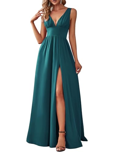 Ever-Pretty Damen Partykleider lang Hohe Dehnung Asymmetrisch Dekolletiert V-Ausschnitt A-Linie Blaugrün 38EU von Ever-Pretty