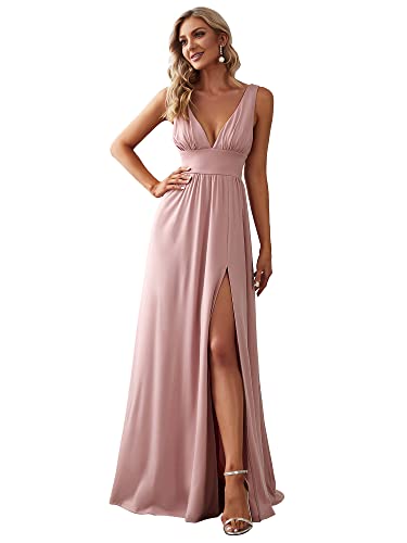 Ever-Pretty Damen Partykleider lang Hohe Dehnung Asymmetrisch Dekolletiert V-Ausschnitt A-Linie Staubige Rose 38EU von Ever-Pretty