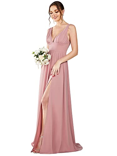 Ever-Pretty Damen Partykleider lang Hohe Dehnung Asymmetrisch Dekolletiert V-Ausschnitt A-Linie Staubige Rose 52EU von Ever-Pretty