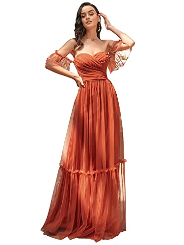 Ever-Pretty Damen Rüschen Ärmel Schulterfrei Empire Taille A-Linie Tüll Bodenlange Abendkleider Gebrannte Orange 36EU von Ever-Pretty