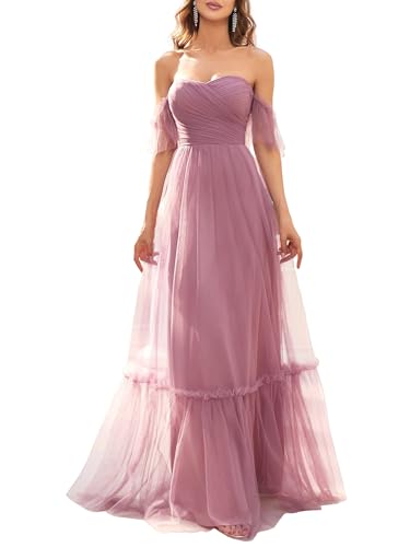 Ever-Pretty Damen Rüschen Ärmel Schulterfrei Empire Taille A-Linie Tüll Bodenlange Ballkleider Gebrannte Orchideee 40EU von Ever-Pretty