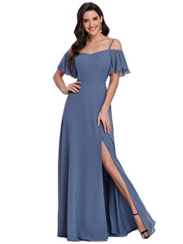Ever-Pretty Damen Rüschen Eine Schulter Kurzarm Empire A Linie Chiffon Lange Ballkleider Mit Dekolletiert Denim Blue 44EU von Ever-Pretty