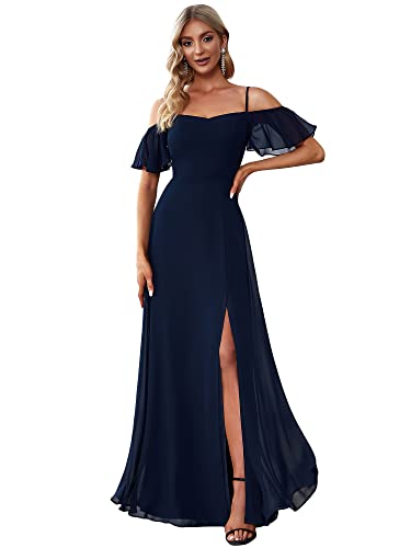 Ever-Pretty Damen Rüschen Eine Schulter Kurzarm Empire A Linie Chiffon Lange Festliches Kleider Mit Dekolletiert Navy Blau 40EU von Ever-Pretty