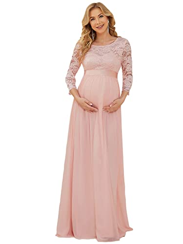 Ever-Pretty Damen Rundhalsausschnitt 3/4 Ärmel Spitze Empire A-Linie Bodenlang Ballkleider für Schwangere Rosa 52EU von Ever-Pretty