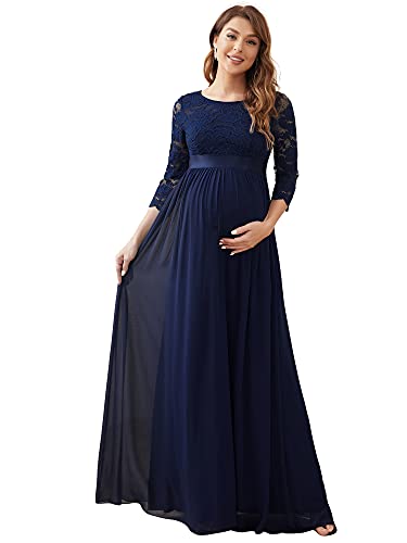 Ever-Pretty Damen Rundhalsausschnitt 3/4 Ärmel Spitze Empire A-Linie Bodenlang Brautjungfernkleider für Schwangere Navy Blau 56EU von Ever-Pretty