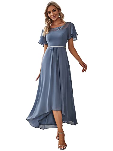 Ever-Pretty Damen Rundhalsausschnitt Kurze Ärmel A-Linie Asymmetrisch Elegant Maxi Abendkleider Staubige Marine 38 von Ever-Pretty