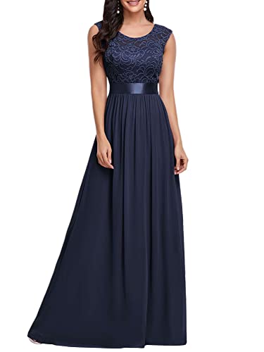 Ever-Pretty Damen Rundhalsausschnitt Kurze Ärmel Elegant A-Linie Empire Spitze Chiffon Bodenlang Abendkleider Navy Blau 38 von Ever-Pretty