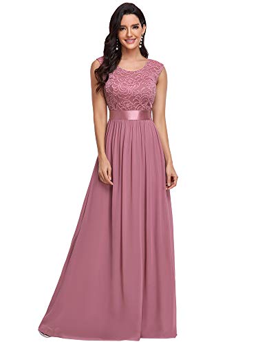 Ever-Pretty Damen Rundhalsausschnitt Kurze Ärmel Elegant A-Linie Empire Spitze Chiffon Bodenlang Abendkleider Orchidee 38 von Ever-Pretty