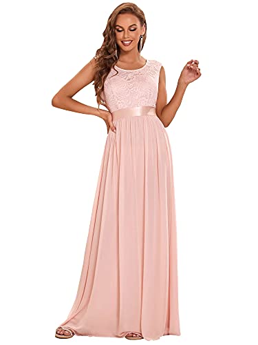 Ever-Pretty Damen Rundhalsausschnitt Kurze Ärmel Elegant A-Linie Empire Spitze Chiffon Bodenlang Abendkleider Rosa 36 von Ever-Pretty