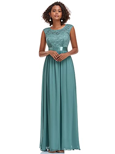 Ever-Pretty Damen Rundhalsausschnitt Kurze Ärmel Elegant A-Linie Empire Spitze Chiffon Bodenlang Abendkleider Staubiges Blau 42 von Ever-Pretty