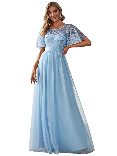 Ever-Pretty Damen Rundhalsausschnitt Kurze Ärmel Pailletten Tüll Elegant Maxi Abendkleider Himmelblau 58 von Ever-Pretty