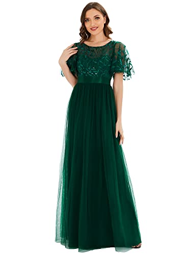 Ever-Pretty Damen Rundhalsausschnitt Kurze Ärmel Pailletten Tüll Elegant Maxi Ballkleid Dunkelgrün 48 von Ever-Pretty