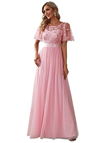 Ever-Pretty Damen Rundhalsausschnitt Kurze Ärmel Pailletten Tüll Elegant Maxi Brautjungfernkleider Rosa 40 von Ever-Pretty