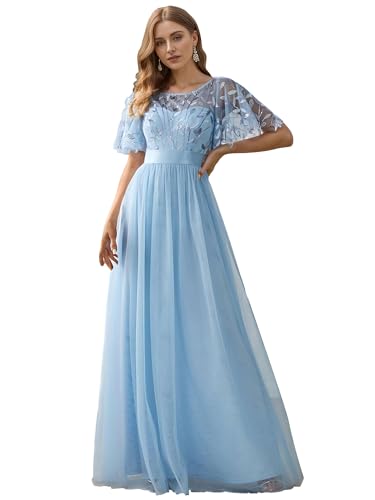 Ever-Pretty Damen Rundhalsausschnitt Kurze Ärmel Pailletten Tüll Elegant Maxi Festliches Kleider Himmelblau 44 von Ever-Pretty