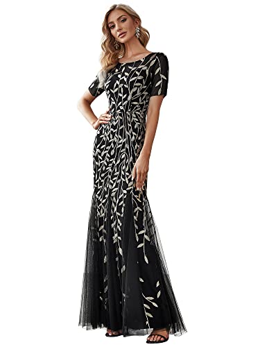 Ever-Pretty Damen Rundhalsausschnitt Kurze Ärmel Tüll Elegant Meerjungfrau Pailletten Abendkleid Schwarz Gold 38 von Ever-Pretty