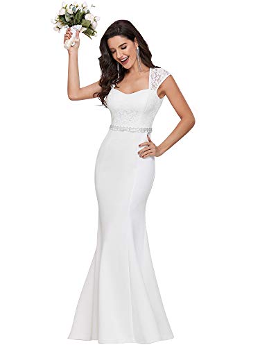 Ever-Pretty Damen Schatz Ärmel Abdecken Bodycon Empire Fischschwanz Boden Länge Spitze Meerjungfrau Brautkleider Weiß 40EU von Ever-Pretty