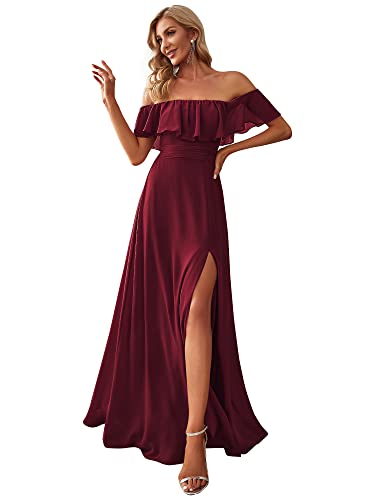 Ever-Pretty Damen Schulterfrei Rüschen Dekolletiert Chiffon Hohe Taille Elegant Maxi Abendkleider Burgund 38 von Ever-Pretty