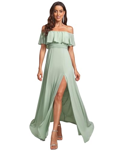 Ever-Pretty Damen Schulterfrei Rüschen Dekolletiert Chiffon Hohe Taille Elegant Maxi Abendkleider Minzgrün 38 von Ever-Pretty