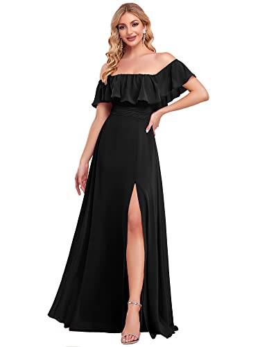 Ever-Pretty Damen Schulterfrei Rüschen Dekolletiert Chiffon Hohe Taille Elegant Maxi Abendkleider Schwarz 36 von Ever-Pretty