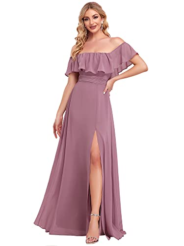 Ever-Pretty Damen Schulterfrei Rüschen Dekolletiert Chiffon Hohe Taille Elegant Maxi Ballkleider Orchidee 40 von Ever-Pretty