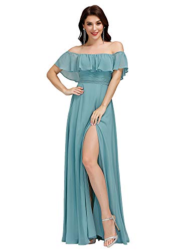 Ever-Pretty Damen Schulterfrei Rüschen Dekolletiert Chiffon Hohe Taille Elegant Maxi Ballkleider Staubiges Blau 40 von Ever-Pretty