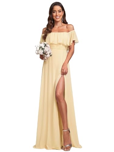 Ever-Pretty Damen Schulterfrei Rüschen Dekolletiert Chiffon Hohe Taille Elegant Maxi Brautjungfernkleider Gelb 42 von Ever-Pretty