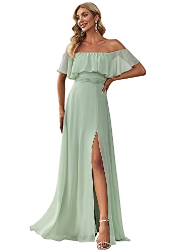Ever-Pretty Damen Schulterfrei Rüschen Dekolletiert Chiffon Hohe Taille Elegant Maxi Partykleider Minzgrün 54 von Ever-Pretty