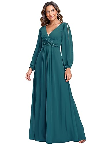 Ever-Pretty Damen Stilvolle Chiffon V-Ausschnitt Applique Plus Size Abendkleider mit Langen Laternenärmeln Blau-Grün 40 von Ever-Pretty