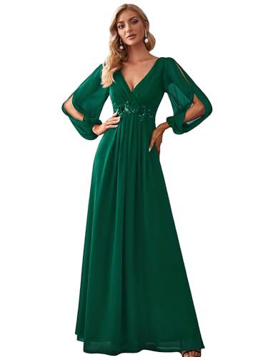 Ever-Pretty Damen Stilvolle Chiffon V-Ausschnitt Applique Plus Size Abendkleider mit Langen Laternenärmeln Dunkelgrün 38EU von Ever-Pretty