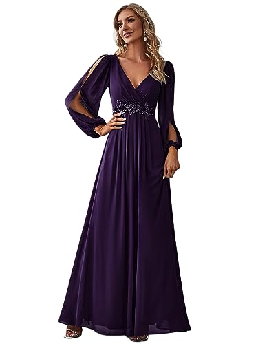Ever-Pretty Damen Stilvolle Chiffon V-Ausschnitt Applique Plus Size Abendkleider mit Langen Laternenärmeln Dunkelviolett 40 von Ever-Pretty