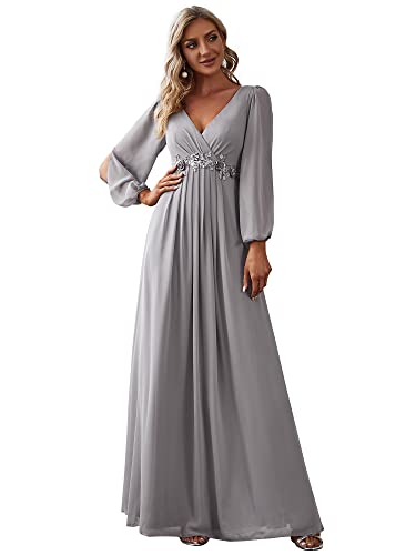 Ever-Pretty Damen Stilvolle Chiffon V-Ausschnitt Applique Plus Size Abendkleider mit Langen Laternenärmeln Grau 46EU von Ever-Pretty