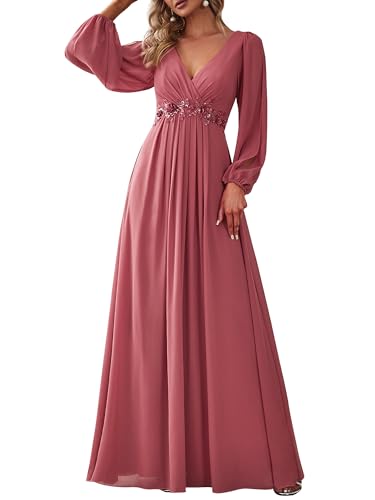 Ever-Pretty Damen Stilvolle Chiffon V-Ausschnitt Applique Plus Size Abendkleider mit Langen Laternenärmeln Kam Braun 50 von Ever-Pretty