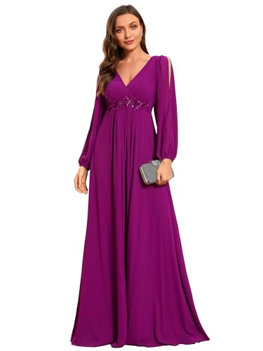 Ever-Pretty Damen Stilvolle Chiffon V-Ausschnitt Applique Plus Size Abendkleider mit Langen Laternenärmeln Lila Rot 40 von Ever-Pretty