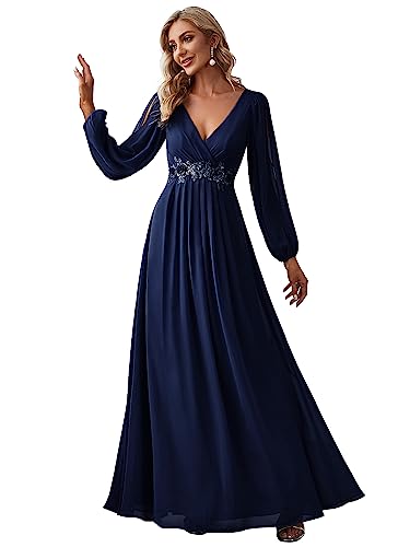 Ever-Pretty Damen Stilvolle Chiffon V-Ausschnitt Applique Plus Size Abendkleider mit Langen Laternenärmeln Navy Blau 44 von Ever-Pretty