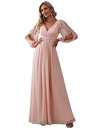 Ever-Pretty Damen Stilvolle Chiffon V-Ausschnitt Applique Plus Size Abendkleider mit Langen Laternenärmeln Rosa EU36 von Ever-Pretty