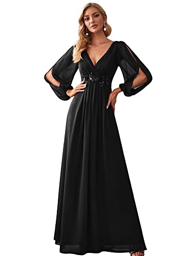 Ever-Pretty Damen Stilvolle Chiffon V-Ausschnitt Applique Plus Size Abendkleider mit Langen Laternenärmeln Schwarz 48EU von Ever-Pretty