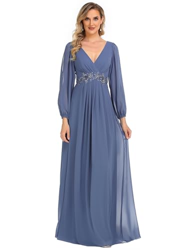 Ever-Pretty Damen Stilvolle Chiffon V-Ausschnitt Applique Plus Size Abendkleider mit Langen Laternenärmeln Staubige Marine EU36 von Ever-Pretty