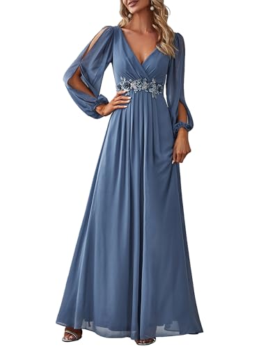 Ever-Pretty Damen Stilvolle Chiffon V-Ausschnitt Applique Plus Size Abendkleider mit Langen Laternenärmeln Staubige Marine EU48 von Ever-Pretty