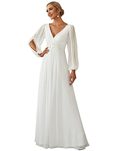 Ever-Pretty Damen Stilvolle Chiffon V-Ausschnitt Applique Plus Size Festliches Kleider mit Langen Laternenärmeln Weiß EU50 von Ever-Pretty