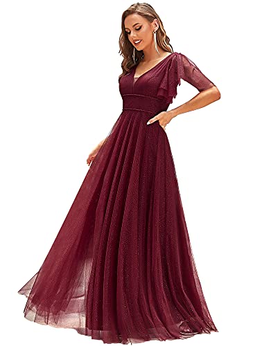 Ever-Pretty Damen Tief V-Ausschnitt Kurzarm Bodenlang A-Linie Empire Taille Elegante Glitzer Tüll Ballkleider Burgund 44EU von Ever-Pretty