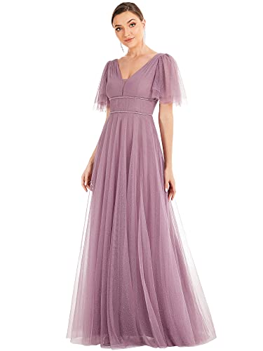 Ever-Pretty Damen Tief V-Ausschnitt Kurzarm Bodenlang A-Linie Empire Taille Elegante Glitzer Tüll Ballkleider Orchidee 44EU von Ever-Pretty