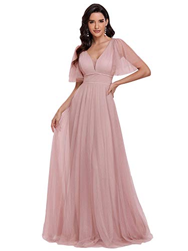 Ever-Pretty Damen Tief V-Ausschnitt Kurzarm Bodenlang A-Linie Empire Taille Elegante Glitzer Tüll Partykleider Rosa 42EU von Ever-Pretty